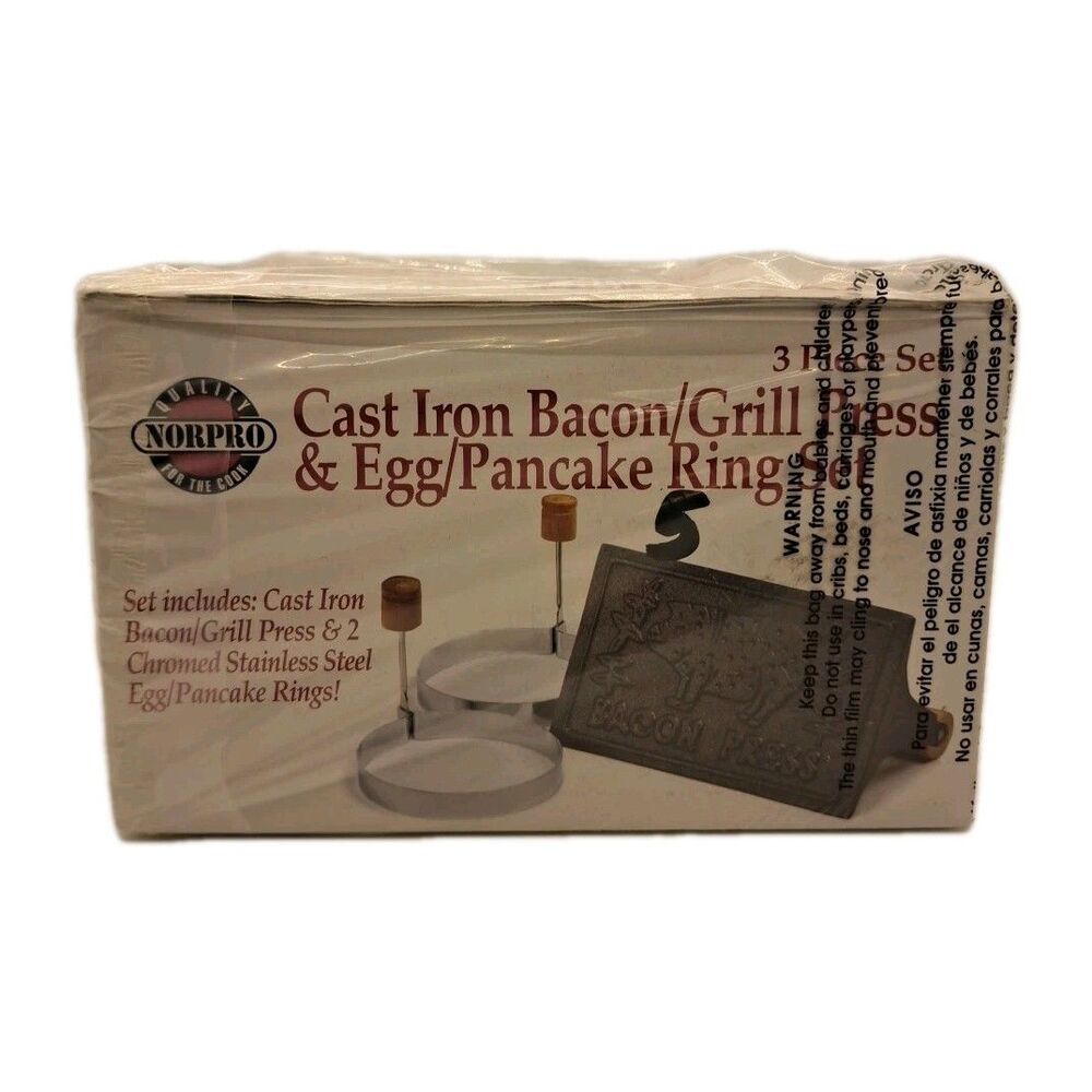 Norpro Cast Iron Bacon Grill Press with Egg Ring Set NIB